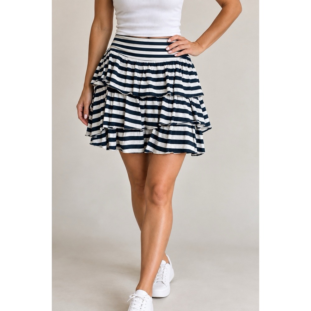 Banana Republic Size 8 Navy White Striped Tiered Ruffle Skirt Asymmetrical